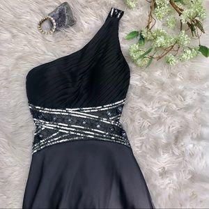 Betsy & Adam One Shoulder Beaded Prom Dress